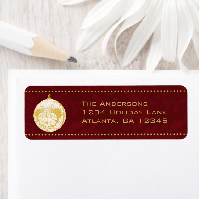 Guld Damask jul Ornament på Garnett Returadress Etikett (Insitu)