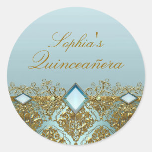 Guld Damask & Juvel Quinceanera-dekal Runt Klistermärke