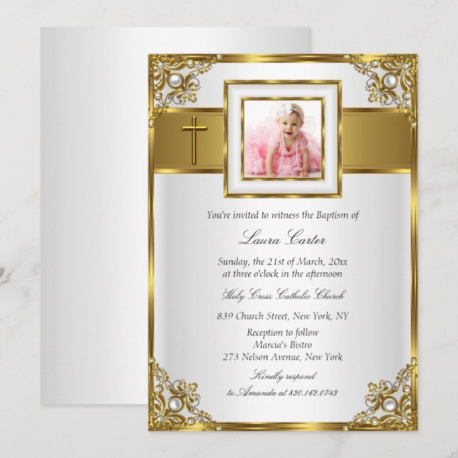 Guld Damask & Kors Foto Dop Inbjudningar (Fram/baksida)