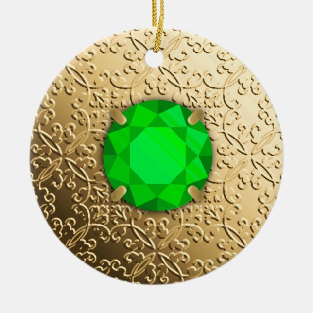 Guld Damask med en falsk smaragd ädelsten Julgransprydnad Keramik (Framsidan)