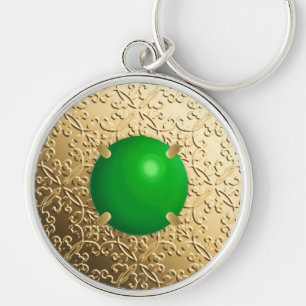 Guld Damask med en faux jade gemstone Rund Silverfärgad Nyckelring