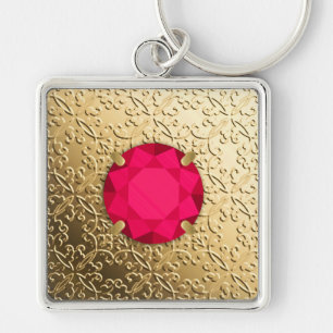 Guld Damask med en faux ruby gemstone Fyrkantig Silverfärgad Nyckelring
