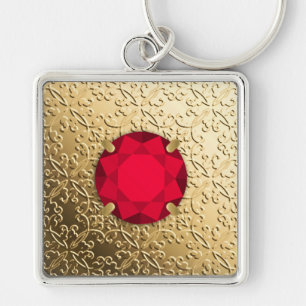 Guld Damask med en fingerad garnet-gemsten Fyrkantig Silverfärgad Nyckelring