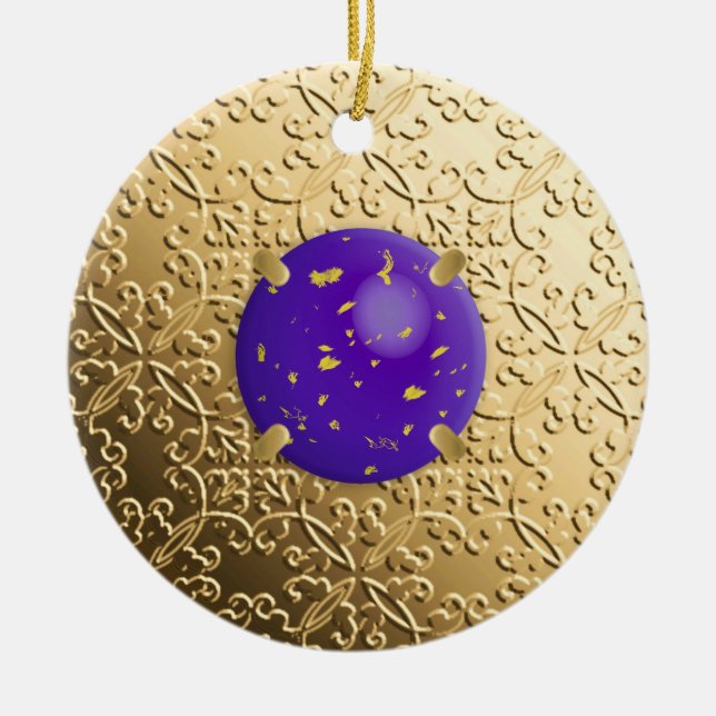 Guld Damask med en fingerad lapis lazuli gemstone Julgransprydnad Keramik (Framsidan)