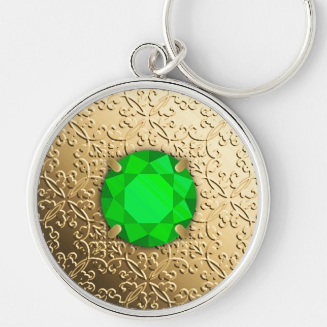 Guld Damask med faaux emerald gemstone Rund Silverfärgad Nyckelring (Framsidan)