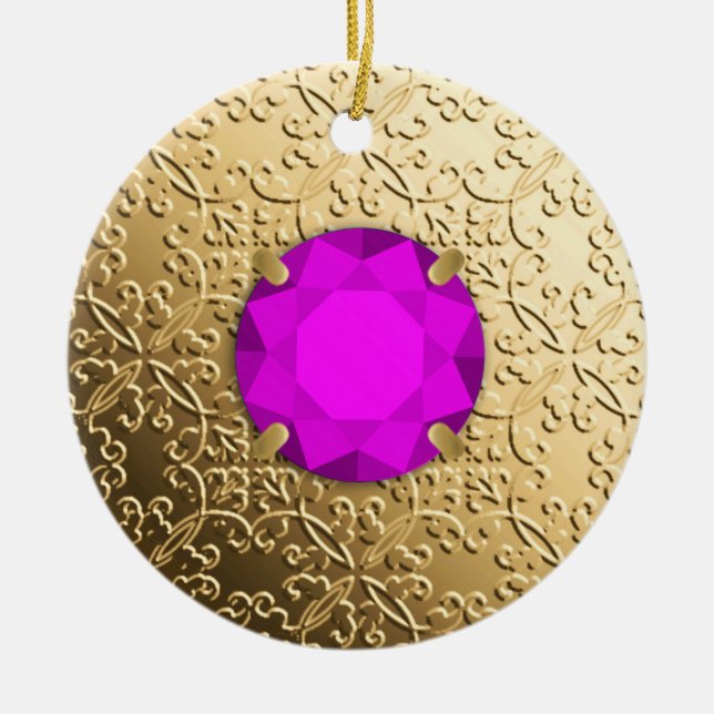 Guld Damask med faux amethyst gemstone Julgransprydnad Keramik (Framsidan)