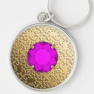 Guld Damask med faux amethyst gemstone Rund Silverfärgad Nyckelring