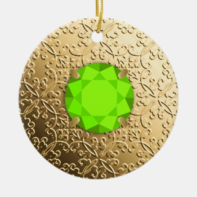 Guld Damask med faux peridot gemstone Julgransprydnad Keramik (Framsidan)