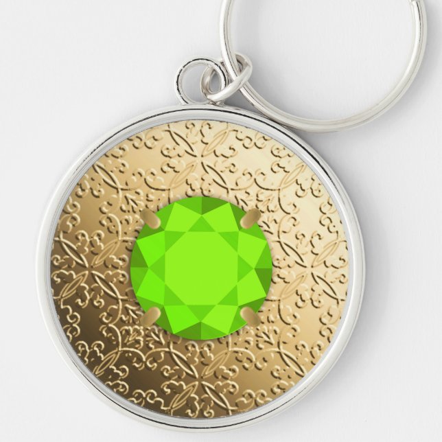 Guld Damask med faux peridot gemstone Rund Silverfärgad Nyckelring (Framsidan)