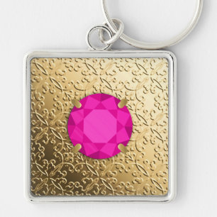 Guld Damask med faux rosa tourmaline gem Fyrkantig Silverfärgad Nyckelring