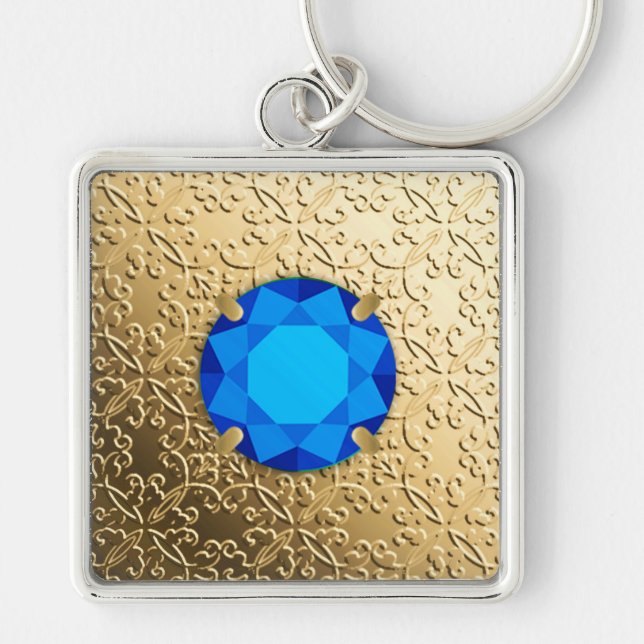 Guld Damask med faux sapphire gemstone Fyrkantig Silverfärgad Nyckelring (Framsidan)