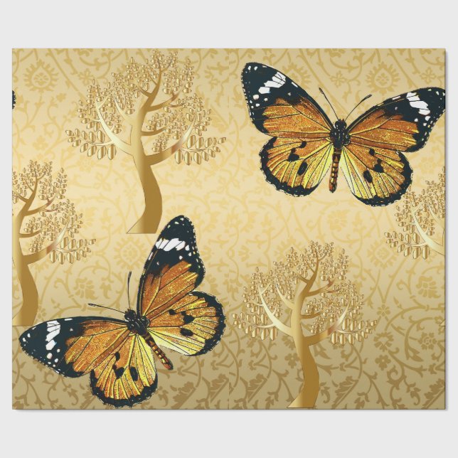 Guld Damask med Guld Träd och fjärilar Presentpapper (Seam)