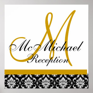 Guld Damask Monogram bröllopsmottagning Poster