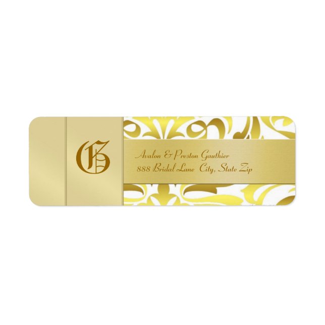 Guld Damask Monogram Guld Bröllop adressetikett Returadress Etikett (Framsidan)