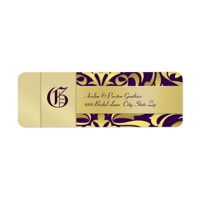 Guld Damask Monogram Lila Bröllop Adressetikett Returadress Etikett (Framsidan)