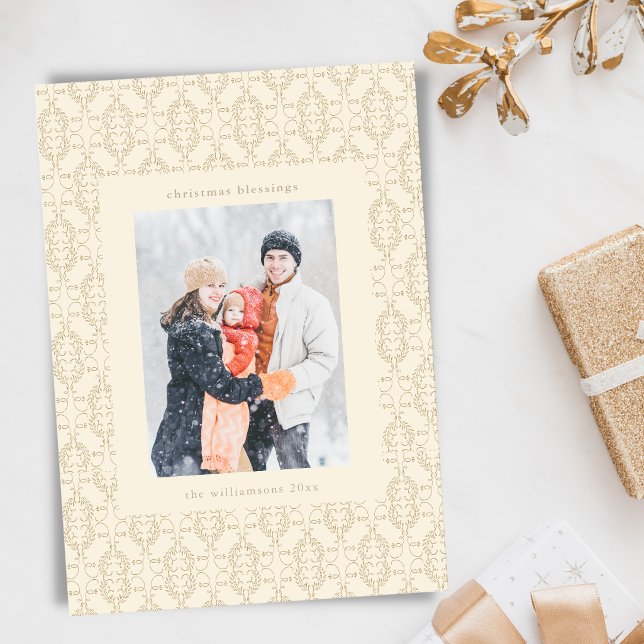 Guld Damask Mönster Julhälsningar Foto Julkort (Skapare uppladdad)