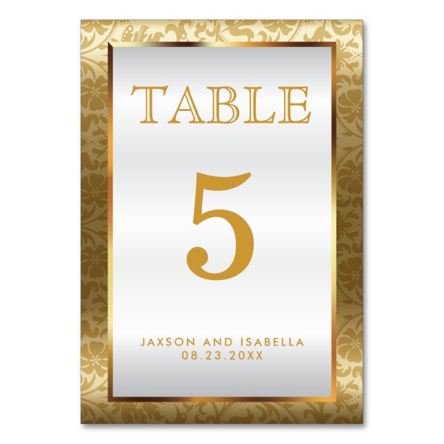 Guld Damask och vit satäng - Bord-kort Bordsnummer (Framsidan)