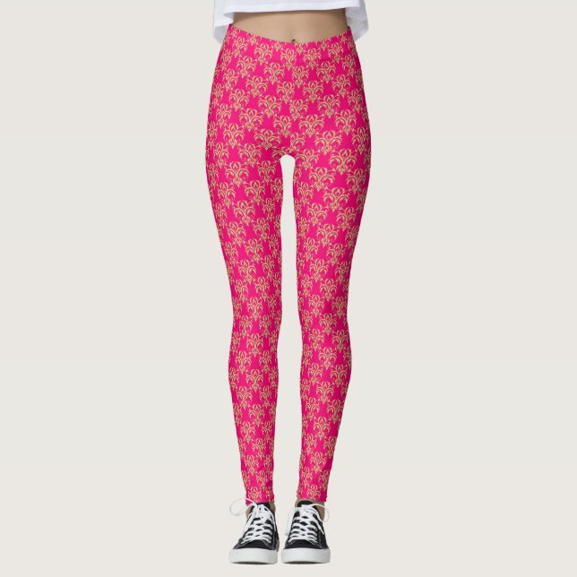 Guld Damask on Rosa Leggings - Påsk Yoga Byxor (Framsida)