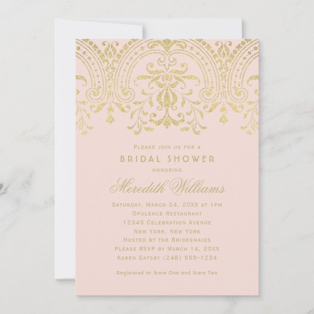 Guld Damask Rosa Bröllops Brud Shower Inbjudningar (Framsida)