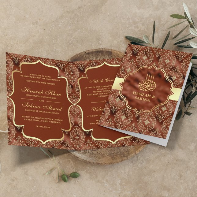 Guld Damask Rost Orange Islamisk Muslim Bröllop Inbjudan (Skapare uppladdad)