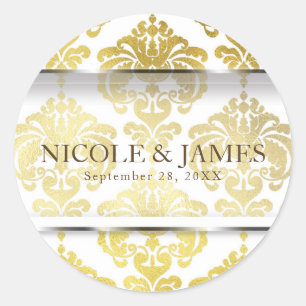 Guld Damask Vintage Glam Wedding Bröllopsgåva Runt Klistermärke