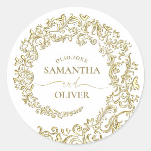 Guld Damask Wedding Runt Klistermärke