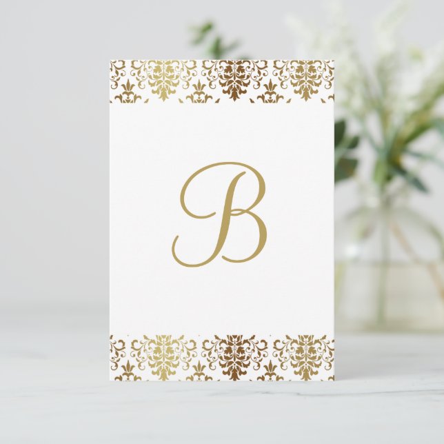 Guld Damask White Monogram Elegant Chic Tack Kort (Stående Fram)
