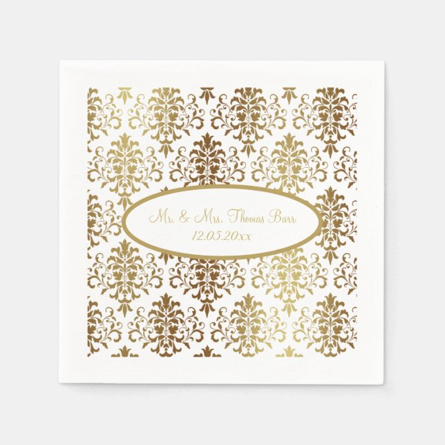Guld Damask White Script Bröllop Elegant Pappersservett (Framsidan)
