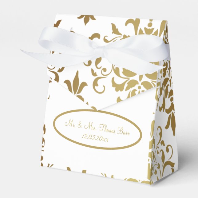 Guld Damask White Script Bröllop Elegant Presentaskar (Framsidan Sidan)