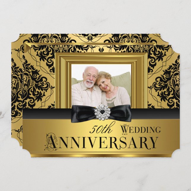 Guld Damaskslinga Foto 50-års bröllopsdag 3 Inbjudningar (Fram/baksida)