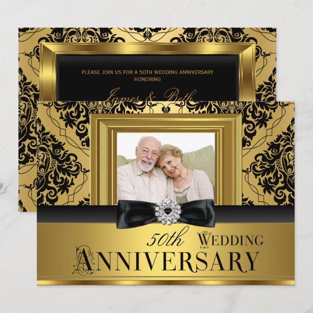 Guld Damaskslinga Foto 50-års bröllopsjubileum 3 Inbjudningar (Fram/baksida)