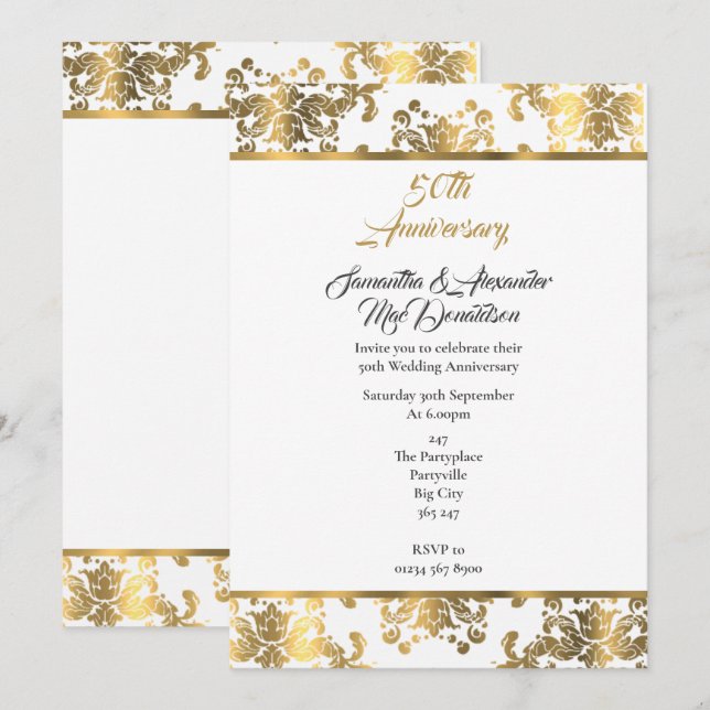 Guld damast 50-årsdag inbjudningar (Fram/baksida)
