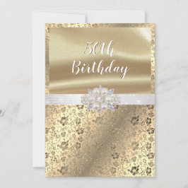 Guld Damast Pärlor Diamanter Vit Satin 50-årsdag Inbjudningar