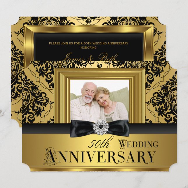 Guld Damastslinga Foto 50-års bröllopsjubileum 3 Inbjudningar (Fram/baksida)