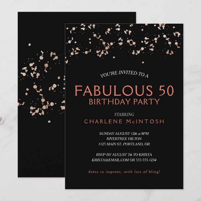 Guld-damm på svart med korallväv 50 dagar inbjudningar (Fram/baksida)