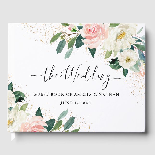 Guld Dammpersika  Blommigt Vattenfärg Bröllop Gästböcker (Framsida)