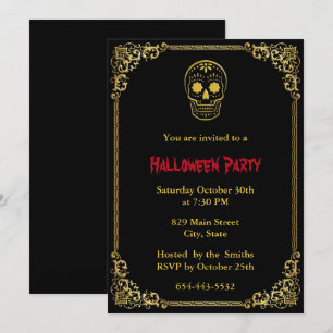 Guld Day of the dead Sugar Skull Halloween Inbjudningar