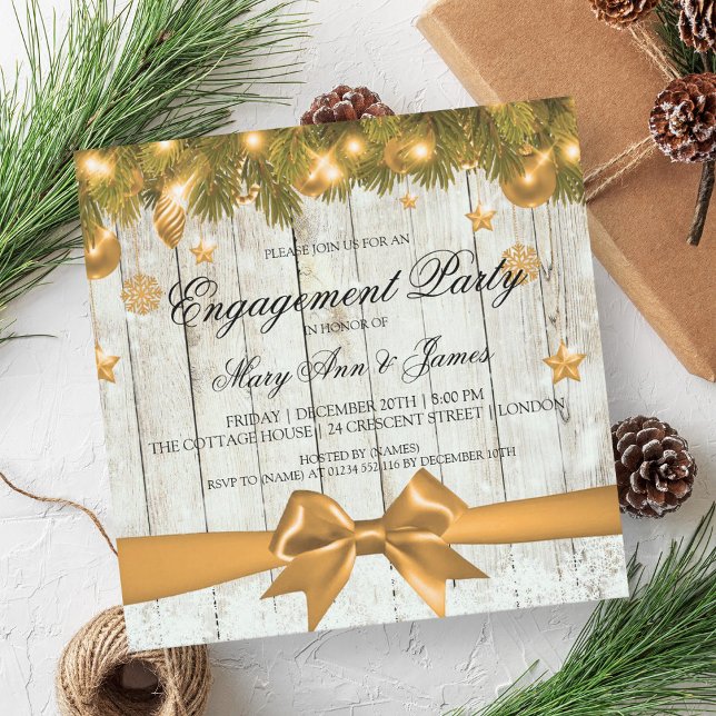 Guld Decor-kanalen i Förlovningsfesten Inbjudningar (Rustic Christmas Engagement Party Gold Decor Invitation)
