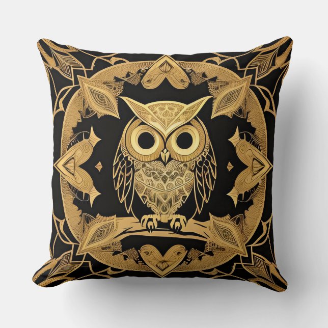 Guld Dekorativ Uggle Mandala Design Kudde (Framsida)