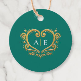 Guld dekorativt hjärtmonogram grönt bröllop gåvor etiketter