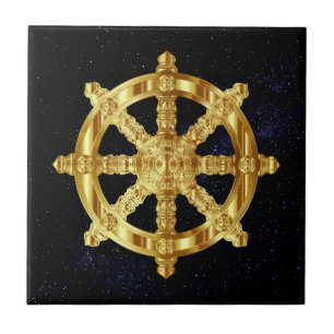 Guld- Dharma rullar buddism- och Hinduismsymbol Kakelplatta