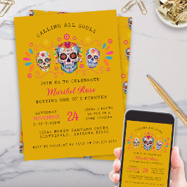 Guld Dia de los Muertos Skull Födelsedagsfest Inbjudningar