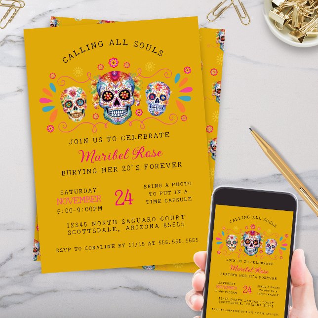 Guld Dia de los Muertos Skull Födelsedagsfest Inbjudningar (gold dia de los muertos day of the dead party invitations with personalized text for any occasion)