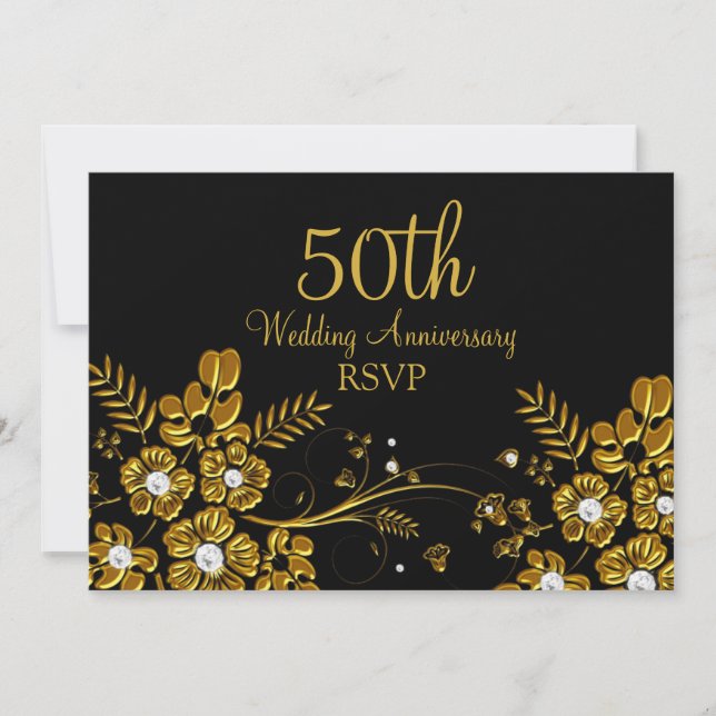 Guld Diamant Blommig Virvel 50-årsjubileum RSVP Inbjudningar (Framsida)