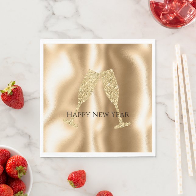Guld Diamant Glänsande Champagneglas Nyår Pappersservett (Insitu)