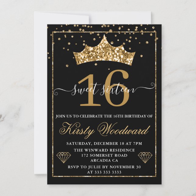 Guld Diamant Konfetti Tiara Sweet 16 Inbjudningar (Framsida)