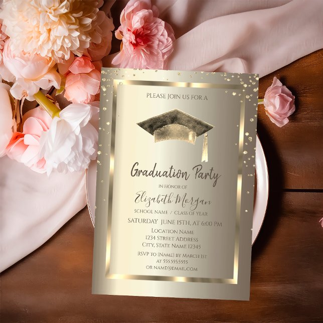 Guld Diamant Ram, Akvarell Gradueringsmössa Guld Inbjudningar (Skapare uppladdad)