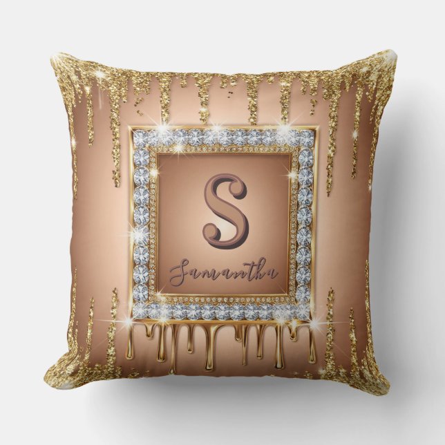 Guld Diamant Ram Monogram fyrkantig Glitter Kudde (Framsida)