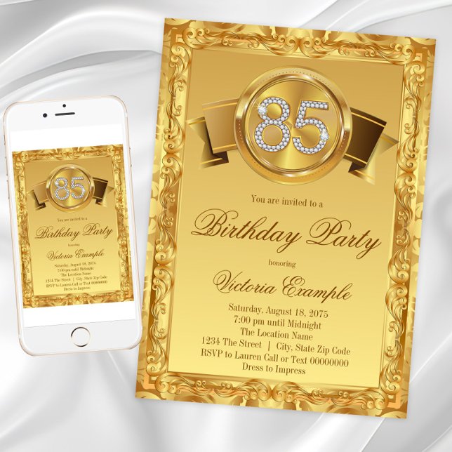 Guld Diamant Virvel Kvinnas 85-årsdag Inbjudningar (85th birthday party invitation with diamond numbers on a beautiful gold background. )