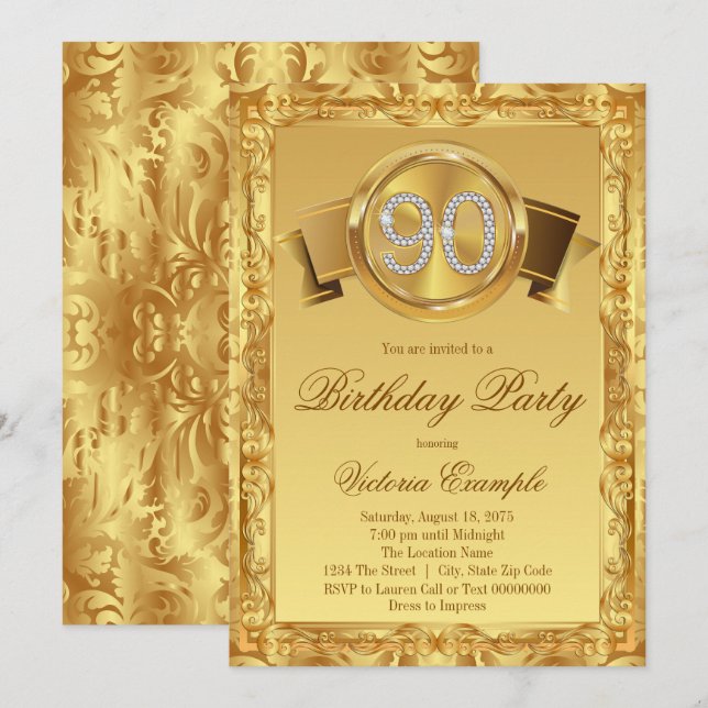 Guld Diamant Virvel Kvinnas 90-årsdag Inbjudningar (Fram/baksida)